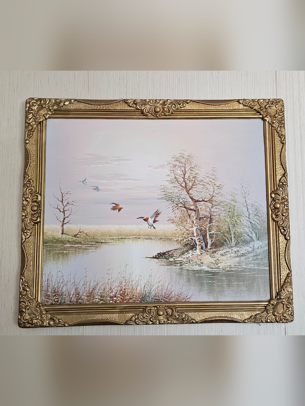 Classic Gold-Framed Lakeside Ducks Painting - Serene Pastel Landscape